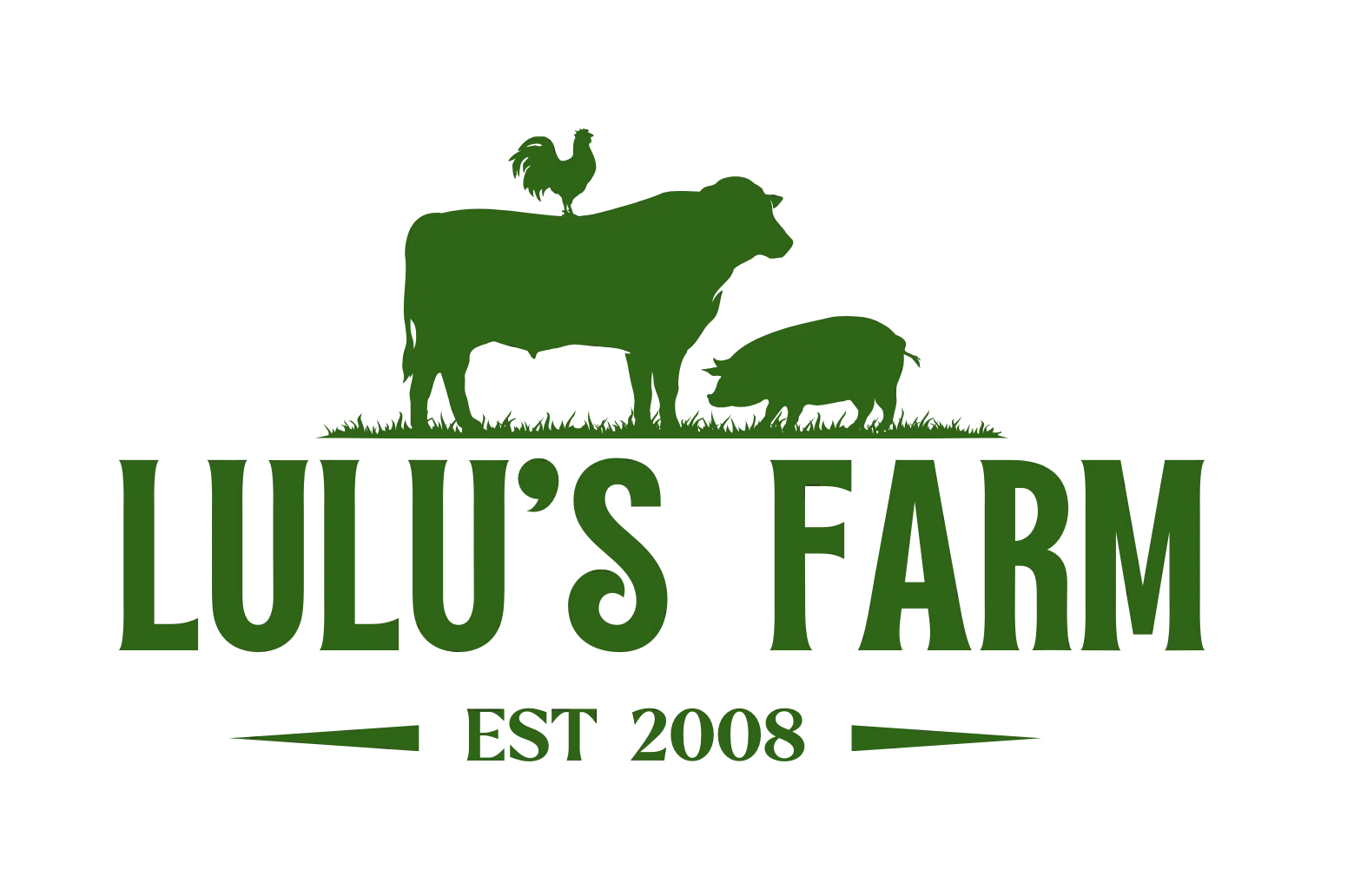 Logo for Lulu's Farm featuring silhouettes of a cow with a rooster on its back and a pig on grass above the text 'LULU'S FARM' and 'EST 2008'.